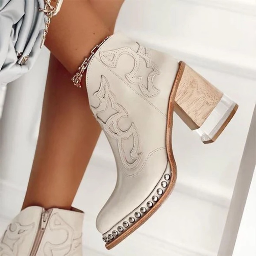 Unbranded white ankle boots with studs and clear heel